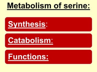 Metabolism of serine:
Synthesis:
Catabolism:
Functions:

 