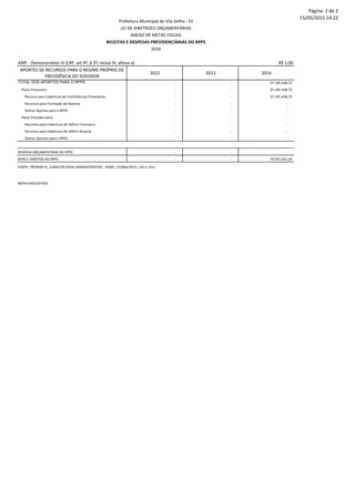Página: 2 de 2
15/05/2015 14:22
AMF - Demonstrativo VI (LRF, art 4º, § 2º, inciso IV, alínea a) R$ 1,00
Prefeitura Municipal de Vila Velha - ES
LEI DE DIRETRIZES ORÇAMENTÁRIAS
ANEXO DE METAS FISCAIS
RECEITAS E DESPESAS PREVIDENCIÁRIAS DO RPPS
2016
APORTES DE RECURSOS PARA O REGIME PRÓPRIO DE
PREVIDÊNCIA DO SERVIDOR
2012 2013 2014
TOTAL DOS APORTES PARA O RPPS - - 37.195.428,72
Plano Financeiro - - 37.195.428,72
Recurso para Cobertura de Insuficiências Financeiras - - 37.195.428,72
Recursos para Formação de Reserva - - -
Outros Aportes para o RPPS - - -
Plano Previdenciário - - -
Recursos para Cobertura de Déficit Financeiro - - -
Recursos para Cobertura de Déficit Atuarial - - -
Outros Aportes para o RPPS - - -
RESERVA ORÇAMENTÁRIA DO RPPS - - -
BENS E DIREITOS DO RPPS - - 79.055.041,20
NOTA EXPLICATIVA:
FONTE: PRONIM PL, SUBSECRETARIA ADMINISTRATIVA - SEMFI, 15/Mai/2015, 14h e 15m.
 