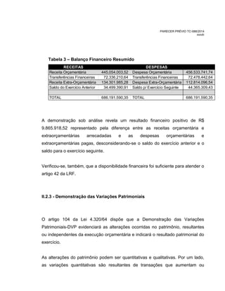 PARECER PRÉVIO TC-088/2014
mm/lr
Tabela 3 – Balanço Financeiro Resumido
RECEITAS DESPESAS
Receita Orçamentária 445.054.003,52 Despesa Orçamentária 456.533.741,74
Transferências Financeiras 72.336.210,64 Transferências Financeiras 72.478.442,64
Receita Extra-Orçamentária 134.301.985,28 Despesa Extra-Orçamentária 112.814.096,54
Saldo do Exercício Anterior 34.499.390,91 Saldo p/ Exercício Seguinte 44.365.309,43
TOTAL 686.191.590,35 TOTAL 686.191.590,35
A demonstração sob análise revela um resultado financeiro positivo de R$
9.865.918,52 representado pela diferença entre as receitas orçamentária e
extraorçamentárias arrecadadas e as despesas orçamentárias e
extraorçamentárias pagas, desconsiderando-se o saldo do exercício anterior e o
saldo para o exercício seguinte.
Verificou-se, também, que a disponibilidade financeira foi suficiente para atender o
artigo 42 da LRF.
II.2.3 - Demonstração das Variações Patrimoniais
O artigo 104 da Lei 4.320/64 dispõe que a Demonstração das Variações
Patrimoniais-DVP evidenciará as alterações ocorridas no patrimônio, resultantes
ou independentes da execução orçamentária e indicará o resultado patrimonial do
exercício.
As alterações do patrimônio podem ser quantitativas e qualitativas. Por um lado,
as variações quantitativas são resultantes de transações que aumentam ou
 