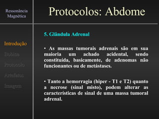Protocolos: Abdome Introdução Bobina Protocolo Artefatos Imagem Ressonância Magnética 5. Glândula Adrenal As massas tumorais adrenais são em sua maioria um achado acidental, sendo constituída, basicamente, de adenomas não funcionantes ou de metástases. Tanto a hemorragia (hiper - T1 e T2) quanto a necrose (sinal misto), podem alterar as características de sinal de uma massa tumoral adrenal. 