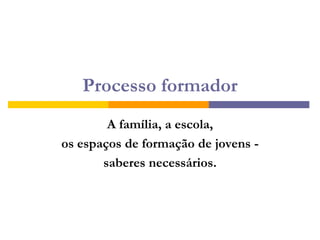 PJ, processo formador, competênciasCompreender o terreno de sua atuação: Apropriação de informações e capacidade de interpretar dados, identificar problemas e questões que comprometem o bem estar de uma coletividade e se posicionar criticamente.Aderir a uma causa e engajar-se em grupos:Identificação de temas mobilizadores, conhecimento dos fatos, busca de grupos já organizados, responsabilização social e decisão em participar da busca de soluções.Operar na realidade para transformá-la:Desenvolvimento de competências para a atuação coletiva na complexidade. Capacidade de tomar a iniciativa, propor, planejar, participar da realização do planejado, avaliar, rever estratégias e permanecer no processo. 