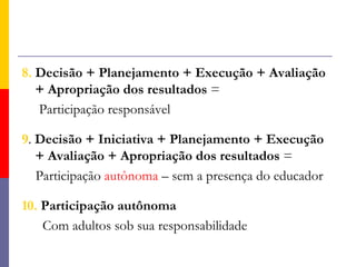 5. Planejamento + Execução =   Quando será? Onde será? Como será?6. Decisão + Planejamento + Execução =Vai ter festa? Quando? Como será? Para quais resultados?7. Decisão + Planejamento + Execução + Avaliação = Avaliação participativa