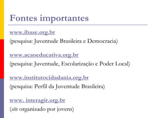 Depoimento 3“Protagonismo não é deixar o jovem à solta, simplesmente aguardando sua vontade de participar de tarefas que levem às ações. Devemos abrandar o medo de agir, o que pode ser feito através de problematizações bem planejadas. Considero que contextualizar e questionar os jovens sobre a provável eficiência de seus planos é uma forma de organizar a reflexão, como se fosse um alinhavo, e isso é diferente de induzir. Muito diferente.”Renato José da Mata (RJ), educador de jovens.