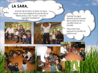 LA SARA,
el pare de la Sara, la Sara i la seva
mare, ens han explicat el conte de la
“Blancaneus i els 7 nans” i ens ha
agradat moltíssim!!!
LA SARA,
el pare de la Sara, la Sara i la seva
mare, ens han explicat el conte de la
“Blancaneus i els 7 nans” i ens ha
agradat moltíssim!!!
També ha sigut
divertit quan el pare
de la Sara ha fet un
conillet amb un
tovalló.
Feia molt riure
perquè el conillet es
saltava sol
També ha sigut
divertit quan el pare
de la Sara ha fet un
conillet amb un
tovalló.
Feia molt riure
perquè el conillet es
saltava sol
 