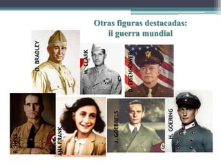 H. GOERING

J. GOEBBELS

ANA FRANK

R. HESS

D. EISENHOWER

M. CLARK

O. BRADLEY

Otras figuras destacadas:
ii guerra mundial

 
