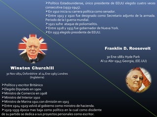 Político Estadounidense, único presidente de EEUU elegido cuatro veces
                                consecutiva (1933-1945).
                                En 1910 inicia su carrera política como senador.
                                Entre 1913 y 1920 fue designado como Secretario adjunto de la armada.
                                Periodo de la I guerra mundial.
                                1921 sufre ataque de poliomielitis.
                                Entre 1928 y 1933 fue gobernador de Nueva York.
                                En 1933 elegido presidente de EEUU.



                                                                      Franklin D. Roosevelt

                                                                        30 Ene-1882 Hyde Park
                                                                   Al 12 Abr-1945 Georgia, (EE.UU)

      Winston Churchill
   30 Nov-1874 Oxfordshire al 24 Ene-1965 Londres
                    (Inglaterra)

Político y escritor Británico
Elegido Diputado en 1900
Ministro de Comercio en 1908
Ministro del Interior 1910
Ministro de Marina 1911 con dimisión en 1915
Entre 1924-1929 volvió al gobierno como ministro de hacienda.
1929-1939 época mas baja como político en la cual como disidente
de su partido se dedica a sus proyectos personales como escritor.
 