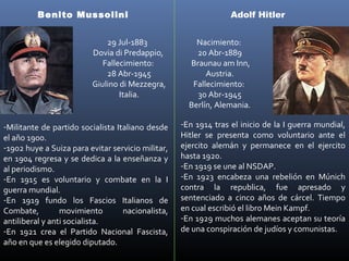 Benito Mussolini                                        Adolf Hitler


                             29 Jul-1883               Nacimiento:
                         Dovia di Predappio,           20 Abr-1889
                            Fallecimiento:           Braunau am Inn,
                             28 Abr-1945                  Austria.
                         Giulino di Mezzegra,         Fallecimiento:
                                 Italia.               30 Abr-1945
                                                     Berlín, Alemania.

-Militante de partido socialista Italiano desde    -En 1914 tras el inicio de la I guerra mundial,
el año 1900.                                       Hitler se presenta como voluntario ante el
-1902 huye a Suiza para evitar servicio militar,   ejercito alemán y permanece en el ejercito
en 1904 regresa y se dedica a la enseñanza y       hasta 1920.
al periodismo.                                     -En 1919 se une al NSDAP.
-En 1915 es voluntario y combate en la I           -En 1923 encabeza una rebelión en Múnich
guerra mundial.                                    contra la republica, fue apresado y
-En 1919 fundo los Fascios Italianos de            sentenciado a cinco años de cárcel. Tiempo
Combate,         movimiento        nacionalista,   en cual escribió el libro Mein Kampf.
antiliberal y anti socialista.                     -En 1929 muchos alemanes aceptan su teoría
-En 1921 crea el Partido Nacional Fascista,        de una conspiración de judíos y comunistas.
año en que es elegido diputado.
 
