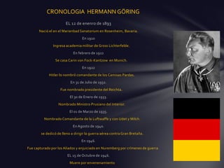 CRONOLOGIA HERMANN GÖRING
                       EL 12 de enenro de 1893
       Nació el en el Marienbad Sanatorium en Rosenheim, Bavaria.
                                  En 1910
               Ingresa academia militar de Gross Lichterfelde.
                            En febrero de 1922
                 Se casa Carin von Fock-Kantzow en Munich.
                                  En 1922
             Hitler lo nombró comandante de los Camisas Pardas.
                          En 31 de Julio de 1932.
                    Fue nombrado presidente del Reichta.
                          El 30 de Enero de 1933.
                   Nombrado Ministro Prusiano del Interior.
                          El 01 de Marzo de 1935.
          Nombrado Comandante de la Luftwaffe y con Udet y Milch.
                            En Agosto de 1940.
        se dedicó de lleno a dirigir la guerra aérea contra Gran Bretaña.
                                 En 1946.
Fue capturado por los Aliados y enjuiciado en Nuremberg por crímenes de guerra
                        EL 15 de Octubre de 1946.
                          Muere por envenenamiento
 
