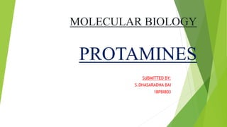 MOLECULAR BIOLOGY
PROTAMINES
SUBMITTED BY:
S.DHASARADHA BAI
18PBI803
 