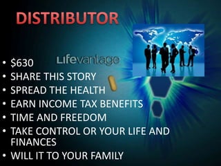 • $630
• SHARE THIS STORY
• SPREAD THE HEALTH
• EARN INCOME TAX BENEFITS
• TIME AND FREEDOM
• TAKE CONTROL OR YOUR LIFE AND
FINANCES
• WILL IT TO YOUR FAMILY
 