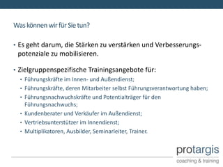Was können wir für Sie tun?

• Es geht darum, die Stärken zu verstärken und Verbesserungs-
 potenziale zu mobilisieren.

• Zielgruppenspezifische Trainingsangebote für:
   • Führungskräfte im Innen- und Außendienst;
   • Führungskräfte, deren Mitarbeiter selbst Führungsverantwortung haben;
   • Führungsnachwuchskräfte und Potentialträger für den
     Führungsnachwuchs;
   • Kundenberater und Verkäufer im Außendienst;
   • Vertriebsunterstützer im Innendienst;
   • Multiplikatoren, Ausbilder, Seminarleiter, Trainer.
 