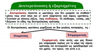 Δευτερεύουσες ή εξαρτημένες
Δευτερεύουσες λέγονται οι προτάσεις που δεν μπορούν να σταθούν
μόνες τους στον λόγο και γι’ αυτό εξαρτώνται από κύριες προτάσεις.
Ξεκινούν με κάποιες λέξεις, τους συνδέσμους. Οι σύνδεσμοι, επίσης, μας
δείχνουν το είδος της δευτερεύουσας πρότασης.
Οι δευτερεύουσες προτάσεις χωρίζονται σε δυο μεγάλες κατηγορίες, τις :
Ονοματικές Επιρρηματικές
Επιρρηματικές είναι αυτές που μας δίνουν
μια πληροφορία κυρίως για το ρήμα της κύριας
πρότασης και λειτουργούν ως προσδιορισμοί για
τον χρόνο, τον τρόπο, την αιτία κ.ά.
 
