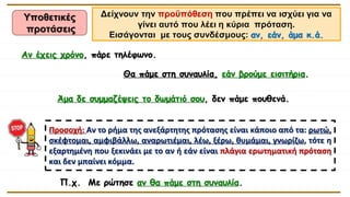 Υποθετικές
προτάσεις
Αν έχεις χρόνο, πάρε τηλέφωνο.
Θα πάμε στη συναυλία, εάν βρούμε εισιτήρια.
Δείχνουν την προϋπόθεση που πρέπει να ισχύει για να
γίνει αυτό που λέει η κύρια πρόταση.
Εισάγονται με τους συνδέσμους: αν, εάν, άμα κ.ά.
Προσοχή: Αν το ρήμα της ανεξάρτητης πρότασης είναι κάποιο από τα: ρωτώ,
σκέφτομαι, αμφιβάλλω, αναρωτιέμαι, λέω, ξέρω, θυμάμαι, γνωρίζω, τότε η
εξαρτημένη που ξεκινάει με το αν ή εάν είναι πλάγια ερωτηματική πρόταση
και δεν μπαίνει κόμμα.
Π.χ. Με ρώτησε αν θα πάμε στη συναυλία.
Άμα δε συμμαζέψεις το δωμάτιό σου, δεν πάμε πουθενά.
 