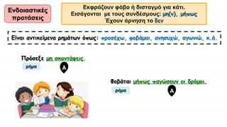 Ενδοιαστικές
προτάσεις
Εκφράζουν φόβο ή δισταγμό για κάτι.
Εισάγονται με τους συνδέσμους: μη(ν), μήπως
Έχουν άρνηση το δεν
Είναι αντικείμενα ρημάτων όπως: προσέχω, φοβάμαι, ανησυχώ, αγωνιώ, κ.ά.
Πρόσεξε μη σκοντάψεις.
Φοβάται μήπως παγώσουν οι δρόμοι.
ρήμα Α
ρήμα Α
 