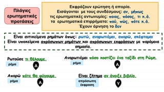 Πλάγιες
ερωτηματικές
προτάσεις
Εκφράζουν ερώτηση ή απορία.
Εισάγονται με τους συνδέσμους: αν, μήπως
τις ερωτηματικές αντωνυμίες: ποιος, πόσος, τι κ.ά.
τα ερωτηματικά επιρρήματα: πού, πώς, πότε κ.ά.
Έχουν άρνηση το δεν
Είναι αντικείμενα ρημάτων όπως: ρωτώ, αναρωτιέμαι, απορώ, σκέφτομαι
Είναι υποκείμενα απρόσωπων ρημάτων και απρόσωπων εκφράσεων με παρόμοια
σημασία.
Ρωτούσε τι θέλουμε.
Είναι ζήτημα αν άνοιξε βιβλίο.
Απορώ πότε θα φύγουμε.
απρόσωπη
έκφραση Υ
ρήμα
Α
ρήμα
Α
Αναρωτιέμαι πόσο κοστίζει ένα ταξίδι στη Ρώμη.
Α
ρήμα
 