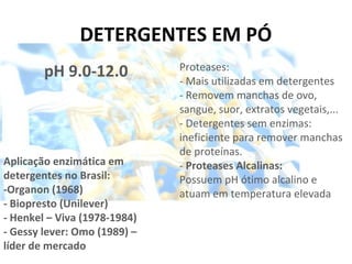 DETERGENTES EM PÓ
                              Proteases:
        pH 9.0-12.0           - Mais utilizadas em detergentes
                              - Removem manchas de ovo,
                              sangue, suor, extratos vegetais,...
                              - Detergentes sem enzimas:
                              ineficiente para remover manchas
                              de proteínas.
Aplicação enzimática em       - Proteases Alcalinas:
detergentes no Brasil:        Possuem pH ótimo alcalino e
-Organon (1968)               atuam em temperatura elevada
- Biopresto (Unilever)
- Henkel – Viva (1978-1984)
- Gessy lever: Omo (1989) –
líder de mercado
 