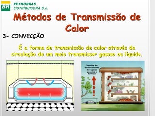 Métodos de Transmissão de
Calor
3- CONVECÇÃO
É a forma de transmissão de calor através da
circulação de um meio transmissor gasoso ou líquido.
 