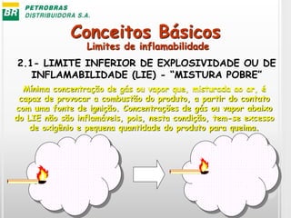 Conceitos Básicos
2.1- LIMITE INFERIOR DE EXPLOSIVIDADE OU DE
INFLAMABILIDADE (LIE) - “MISTURA POBRE”
Mínima concentração de gás ou vapor que, misturada ao ar, é
capaz de provocar a combustão do produto, a partir do contato
com uma fonte de ignição. Concentrações de gás ou vapor abaixo
do LIE não são inflamáveis, pois, nesta condição, tem-se excesso
de oxigênio e pequena quantidade do produto para queima.
Limites de inflamabilidade
 