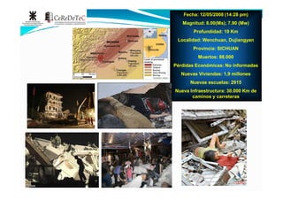 Fecha: 12/05/2008 (14:28 pm)
Magnitud: 8.00(Ms); 7.90 (Mw)
Profundidad: 19 Km
Localidad: Wenchuan, Dujiangyan
Provincia: SICHUAN
Muertos: 88.000
Pérdidas Económicas: No informadas
Nuevas Viviendas: 1,9 millones
Nuevas escuelas: 2915
Nueva Infraestructura: 30.000 Km de
caminos y carreteras
 