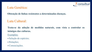 Luta Genética:
Obtenção de linhas resistentes a determinadas doenças.
Luta Cultural:
Trata-se da adoção de medidas naturais, com vista a controlar os
inimigos das culturas.
Exemplos:
• Seleção de espécies;
• Rotações;
• Consociações.
 