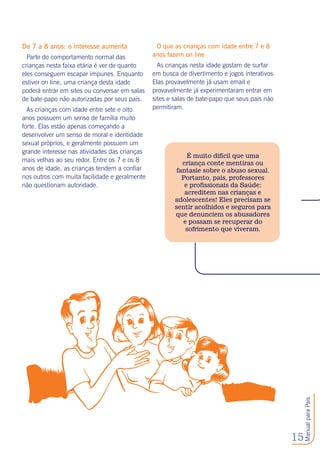 15
ManualparaPais
De 7 a 8 anos: o interesse aumenta
Parte do comportamento normal das
crianças nesta faixa etária é ver de quanto
eles conseguem escapar impunes. Enquanto
estiver on line, uma criança desta idade
poderá entrar em sites ou conversar em salas
de bate-papo não autorizadas por seus pais.
As crianças com idade entre sete e oito
anos possuem um senso de família muito
forte. Elas estão apenas começando a
desenvolver um senso de moral e identidade
sexual próprios, e geralmente possuem um
grande interesse nas atividades das crianças
mais velhas ao seu redor. Entre os 7 e os 8
anos de idade, as crianças tendem a confiar
nos outros com muita facilidade e geralmente
não questionam autoridade.
É muito difícil que uma
criança conte mentiras ou
fantasie sobre o abuso sexual.
Portanto, pais, professores
e profissionais da Saúde:
acreditem nas crianças e
adolescentes! Eles precisam se
sentir acolhidos e seguros para
que denunciem os abusadores
e possam se recuperar do
sofrimento que viveram.
O que as crianças com idade entre 7 e 8
anos fazem on line
As crianças nesta idade gostam de surfar
em busca de divertimento e jogos interativos.
Elas provavelmente já usam email e
provavelmente já experimentaram entrar em
sites e salas de bate-papo que seus pais não
permitiram.
 