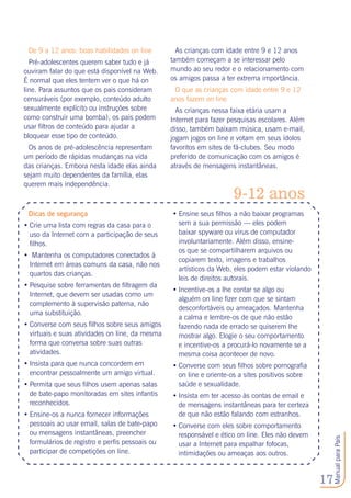 17
ManualparaPais
De 9 a 12 anos: boas habilidades on line
Pré-adolescentes querem saber tudo e já
ouviram falar do que está disponível na Web.
É normal que eles tentem ver o que há on
line. Para assuntos que os pais consideram
censuráveis (por exemplo, conteúdo adulto
sexualmente explícito ou instruções sobre
como construir uma bomba), os pais podem
usar filtros de conteúdo para ajudar a
bloquear esse tipo de conteúdo.
Os anos de pré-adolescência representam
um período de rápidas mudanças na vida
das crianças. Embora nesta idade elas ainda
sejam muito dependentes da família, elas
querem mais independência.
As crianças com idade entre 9 e 12 anos
também começam a se interessar pelo
mundo ao seu redor e o relacionamento com
os amigos passa a ter extrema importância.
O que as crianças com idade entre 9 e 12
anos fazem on line
As crianças nessa faixa etária usam a
Internet para fazer pesquisas escolares. Além
disso, também baixam música, usam e-mail,
jogam jogos on line e votam em seus ídolos
favoritos em sites de fã-clubes. Seu modo
preferido de comunicação com os amigos é
através de mensagens instantâneas.
Dicas de segurança
•	Crie uma lista com regras da casa para o
uso da Internet com a participação de seus
filhos.
•	 Mantenha os computadores conectados à
Internet em áreas comuns da casa, não nos
quartos das crianças.
•	Pesquise sobre ferramentas de filtragem da
Internet, que devem ser usadas como um
complemento à supervisão paterna, não
uma substituição.
•	Converse com seus filhos sobre seus amigos
virtuais e suas atividades on line, da mesma
forma que conversa sobre suas outras
atividades.
•	Insista para que nunca concordem em
encontrar pessoalmente um amigo virtual.
•	Permita que seus filhos usem apenas salas
de bate-papo monitoradas em sites infantis
reconhecidos.
•	Ensine-os a nunca fornecer informações
pessoais ao usar email, salas de bate-papo
ou mensagens instantâneas, preencher
formulários de registro e perfis pessoais ou
participar de competições on line.
•	Ensine seus filhos a não baixar programas
sem a sua permissão — eles podem
baixar spyware ou vírus de computador
involuntariamente. Além disso, ensine-
os que se compartilharem arquivos ou
copiarem texto, imagens e trabalhos
artísticos da Web, eles podem estar violando
leis de direitos autorais.
•	Incentive-os a lhe contar se algo ou
alguém on line fizer com que se sintam
desconfortáveis ou ameaçados. Mantenha
a calma e lembre-os de que não estão
fazendo nada de errado se quiserem lhe
mostrar algo. Elogie o seu comportamento
e incentive-os a procurá-lo novamente se a
mesma coisa acontecer de novo.
•	Converse com seus filhos sobre pornografia
on line e oriente-os a sites positivos sobre
saúde e sexualidade.
•	Insista em ter acesso às contas de email e
de mensagens instantâneas para ter certeza
de que não estão falando com estranhos.
•	Converse com eles sobre comportamento
responsável e ético on line. Eles não devem
usar a Internet para espalhar fofocas,
intimidações ou ameaças aos outros.
9-12 anos
 