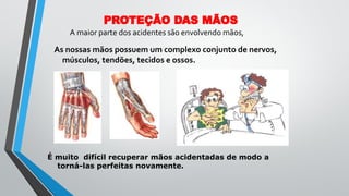 PROTEÇÃO DAS MÃOS
As nossas mãos possuem um complexo conjunto de nervos,
músculos, tendões, tecidos e ossos.
É muito difícil recuperar mãos acidentadas de modo a
torná-las perfeitas novamente.
A maior parte dos acidentes são envolvendo mãos,
 