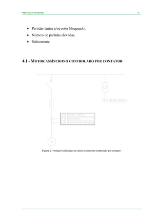 PROTEÇÃO DE MOTOR 9
• Partidas lentas e/ou rotor bloqueado;
• Número de partidas elevadas;
• Subcorrente.
4.1 - MOTOR ASSÍNCRONO CONTROLADO POR CONTATOR
Figura 2- Proteções utilizadas no motor assíncrono controlado por contator.
 