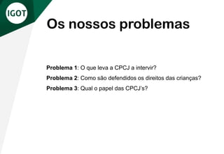 Problema 1: O que leva a CPCJ a intervir?
Problema 2: Como são defendidos os direitos das crianças?
Problema 3: Qual o papel das CPCJ’s?
Os nossos problemas
 