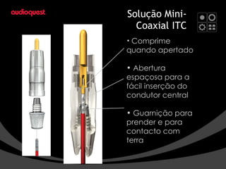 Solução Mini-Coaxial ITC Comprime quando apertado Abertura espaçosa para a fácil inserção do condutor central Guarnição para prender e para contacto com terra 