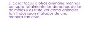 El casar focas o otros animales marinos 
corrupto totalmente los derechos de los 
animales y es triste ver como animales 
tan lindos sean matados de una 
manera tan cruel. 
 