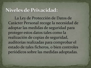 La Ley de Protección de Datos de Carácter Personal recoge la necesidad de adoptar las medidas de seguridad para proteger estos datos tales como la realización de copias de seguridad, auditorías realizadas para comprobar el estado de tales ficheros, o bien controles periódicos sobre las medidas adoptadas.Niveles de Privacidad: