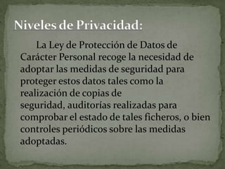 La Ley de Protección de Datos de Carácter Personal recoge la necesidad de adoptar las medidas de seguridad para proteger estos datos tales como la realización de copias de seguridad, auditorías realizadas para comprobar el estado de tales ficheros, o bien controles periódicos sobre las medidas adoptadas.Niveles de Privacidad: