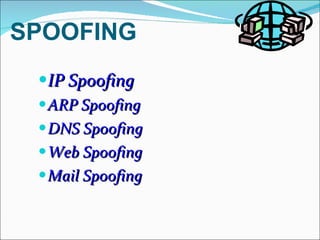 SPOOFING IP Spoofing ARP Spoofing DNS Spoofing Web Spoofing Mail Spoofing 