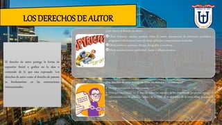LOS DERECHOS DE AUTOR
El derecho de autor protege la forma de
expresión literal o gráfica no la idea o
contenido de lo que esta expresado. Los
derechos de autor como el derecho de patente
se fundamentan en las convenciones
internacionales.
¿Qué abarca el derecho de autor?
Obras literarias: novelas, poemas, obras de teatro, documentos de referencia, periódicos y
programas informáticos; bases de datos, películas, composiciones musicales;
Obras artísticas: pinturas, dibujos, fotografías y escultura
Obras arquitectónicas; publicidad, mapas y dibujos técnicos.
¿Los derechos de autor protege las ideas, los métodos y los conceptos?
• Protege únicamente las expresiones.
• Principio confirmado en el acuerdo sobre los aspectos de los derechos de propiedad intelectual
relacionados con el comercio (adpic) de la OMC y en el tratado de la ompi sobre derechos de
autor.
 