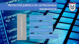 PROTECCIÓN JURÍDICA DE LOS PROGRAMAS
INFORMÁTICOS
Lapropiedadintelectual
El derecho de patente
Propiedad industrial: novedad, útil
Marcas comerciales y servicios
Derechos de autor: originales, creativo, reproducción de la idea en
un soporte.
 