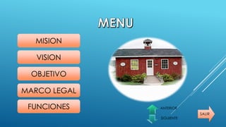 MISION
VISION
OBJETIVO
MARCO LEGAL
FUNCIONES
SALIR
ANTERIOR
SIGUIENTE
 