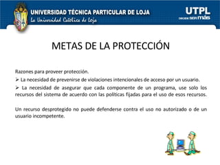 METAS DE LA PROTECCIÓN <ul><li>Razones para proveer protección.  </li></ul><ul><li>La necesidad de prevenirse de violacion...