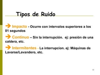 12
 Impacto - Ocurre con intervalos superiores a los
01 segundos
 Contínuo – Sin la interrupción. ej: presión de una
caldera, etc.
 Intermitentes - La interrupcion. ej: Máquinas de
Lavarse/Lavandero, etc.
Tipos de Ruido
 