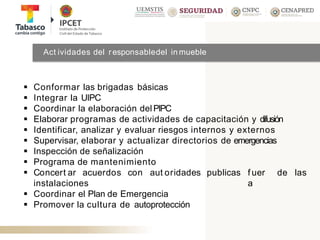 Act ividades del r esponsabledel in mueble
 Conformar las brigadas básicas
 Integrar la UIPC
 Coordinar la elaboración delPIPC
 Elaborar programas de actividades de capacitación y difusión
 Identificar, analizar y evaluar riesgos internos y externos
 Supervisar, elaborar y actualizar directorios de emergencias
 Inspección de señalización
 Programa de mantenimiento
 Concert ar acuerdos con aut oridades publicas f uer
a
de las
instalaciones
 Coordinar el Plan de Emergencia
 Promover la cultura de autoprotección
 