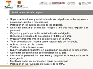 Actividades del jefe de piso
• Supervisar funciones y actividades de los brigadistas en las acciones de
prevención, auxilio y recuperación .
• Participar en los cursos básicos de las brigadas.
• Ident if ica, analiza y evalúa los riesgos a los que est a expuest o el
personal.
• Organiza y participa en las actividades de lasbrigadas.
• Dirige las actividades de protección civil del piso o área.
• Prepara y presenta informe de actividades en la UIPC.
• Tener comunicación interna con el responsable del inmueble.
• Aplicar censos del piso o área.
• Verificar rutas deevacuación.
• Supervisar a los brigadistas en la operación de equipos de emergencia.
• Coordinar procedimiento de evacuación de su piso.
• Informar al personal del inmueble y brigadist as la evolución de la
emergencia.
• Mantener orden del personal en zonas de seguridad .
• Participar en las reuniones de trabajo de la UIPC.
 