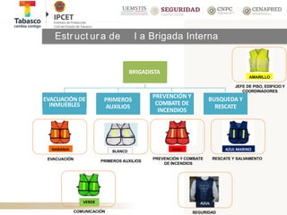 Estr uct ur a de l a Brigada Interna
BRIGADISTA
EVACUACIÓN DE
INMUEBLES
PRIMEROS
AUXILIOS
PREVENCIÓN Y
COMBATE DE
INCENDIOS
BUSQUEDA Y
RESCATE
AMARILLO
JEFE DE PISO, EDIFICIO Y
COORDINADORES
COMUNICACIÓN
VERDE
PRIMEROS AUXILIOS
BLANCO
PREVENCIÓN Y COMBATE
DE INCENDIOS
ROJO
EVACUACIÓN
NARANJA
RESCATE Y SALVAMENTO
AZUL MARINO
SEGURIDAD
AZUL
 