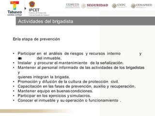 Enla etapa de prevención
• Participar en el análisis de riesgos y recursos interno y
externo del inmueble.
• Instalar y procurar el mantenimiento de la señalización.
• Mantener al personal informado de las actividades de los brigadistas
y
quienes integran la brigada.
• Promoción y difusión de la cultura de protección civil.
• Capacitación en las fases de prevención, auxilio y recuperación.
• Mantener equipo en buenas condiciones.
• Participar en los ejercicios y simulacros.
• Conocer el inmueble y su operación o funcionamiento .
Actividades del brigadista
 