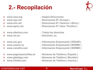 2.- Recopilación
 o   www.iana.org            : Asigna Direcciones
 o   www.ripe.net            : Direcciones IP ( Europa )
 o   www.arin.net            : Direcciones IP ( America / Africa )
 o   www.apnic.net           : Direcciones IP ( Asia / Pacifico )

 o www.allwhois.com          : Todos los dominios
 o www.nic.es                : Dominios .es

 o www.sec.gov               : Información Empresarial ( EDGAR )
 o www.axesor.es             : Información Empresarial ( BORME )
 o www.nomefio.com           : Información Empresarial ( BORME )

 o www.paginasamarillas.es   : Números de Telefono ( España )
 o www.globalyp.com          : Números de Telefono ( Mundial )
 o www.infobel.com           : Números de Telefono ( Inversa )


CONFERENCIAS FIST                -5-                     NeuroCrypt, S.L.
 