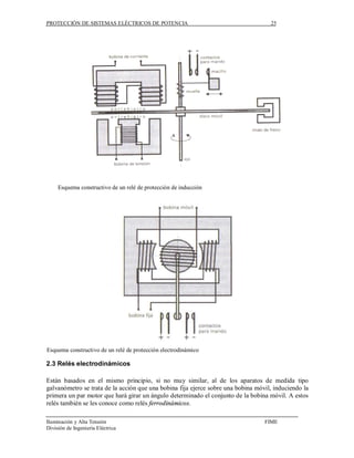 PROTECCIÓN DE SISTEMAS ELÉCTRICOS DE POTENCIA                                                    25




     Esquema constructivo de un relé de protección de inducción




                                   Esquema constructivo de un relé de protección de inducción




Esquema constructivo de un relé de protección electrodinámico

2.3 Relés electrodinámicos

Están basados en el mismo principio, si no muy similar, al de los aparatos de medida tipo
galvanómetro se trata de la acción que una bobina fija ejerce sobre una bobina móvil, induciendo la
primera un par motor que hará girar un ángulo determinado el conjunto de la bobina móvil. A estos
relés también se les conoce como relés ferrodinámicos.

Iluminación y Alta Tensión                                                                      FIME
División de Ingeniería Eléctrica
 