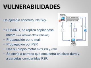 Un ejemplo concreto: NetSky
• GUSANO, se replica copiándose
entero (sin infectar otros ficheros).
• Propagación por e-mail.
• Propagación por P2P.
• Usa su propio motor SMTP, FTP y HTTP.
• Se envía a correos que encuentra en disco duro y
a carpetas compartidas P2P.
 