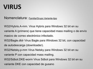 Nomenclatura: Familia/Grupo.Variante-tipo
W32/Hybris.A-mm. Virus Hybris para Windows 32 bit en su
variante A (primera) que tiene capacidad mass mailing o de envío
masivo de correo electrónico infectado.
W32/Bagle.dldr Virus Bagle para Windows 32 bit, con capacidad
de autodescarga (downloader).
W32/Netsky.p-mm Virus Netsky para Windows 32 bit en su
variante P con capacidad mass mailing.
W32/Sdbot.DKE-worm Virus Sdbot para Windows 32 bit en su
variante DKE con capacidad de gusano
 