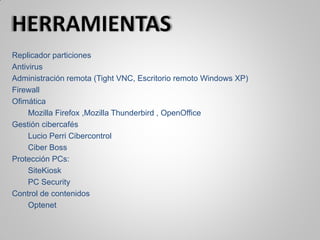 Replicador particiones
Antivirus
Administración remota (Tight VNC, Escritorio remoto Windows XP)
Firewall
Ofimática
Mozilla Firefox ,Mozilla Thunderbird , OpenOffice
Gestión cibercafés
Lucio Perri Cibercontrol
Ciber Boss
Protección PCs:
SiteKiosk
PC Security
Control de contenidos
Optenet
 