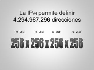 La IPv4 permite definir
4.294.967.296 direcciones
(0 - 255) (0 - 255) (0 - 255)(0 - 255)
 