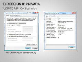 UDP/TCP/IP: Configuración
AUTOMÁTICA (Con Servidor DHCP)
DIRECCION IP PRIVADA
 